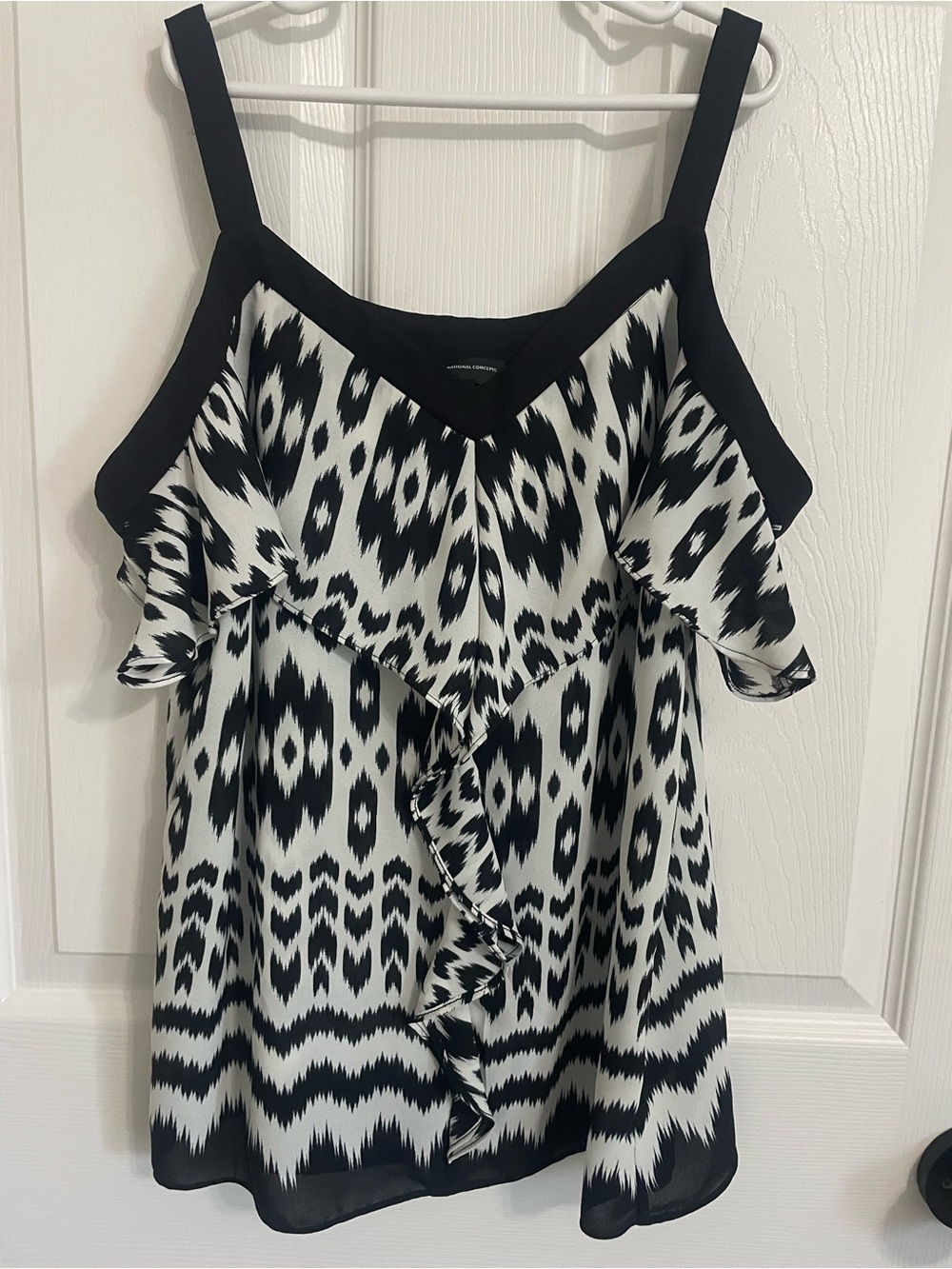 INC International Concepts Black & White Patterned Ruffle Cold-Shoulder Camisole